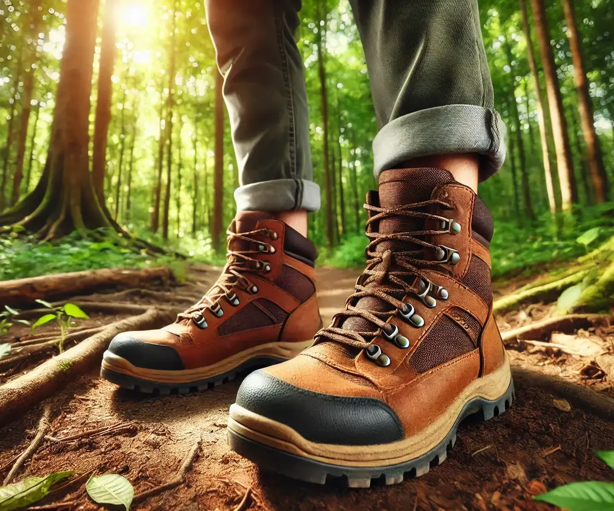 DALL E 2025 04 09 09 42 20 A realistic photo in 6 4 ratio of brown hiking boots worn by someone walking in a forest The photo is zoomed in on the boots with clear detail showi